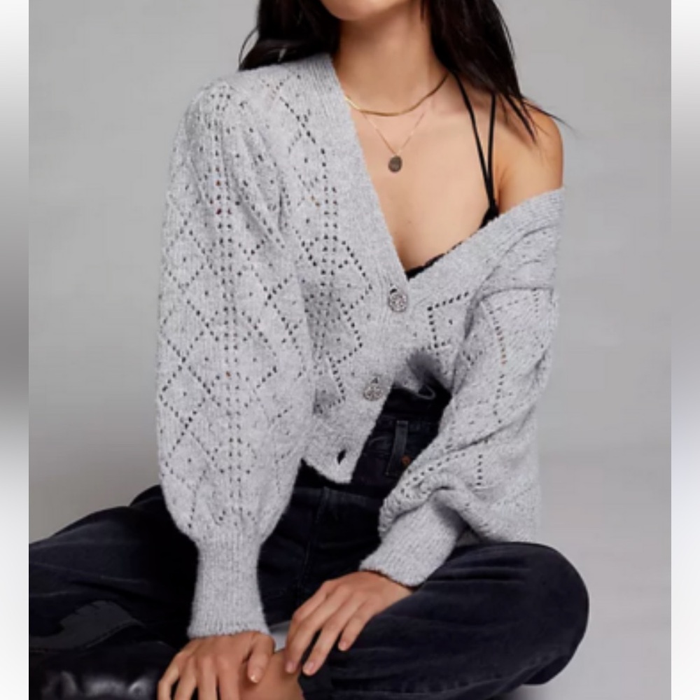 Anthropologie Maeve Pointelle Gray Cropped Cardigan Sweater Women’s Large